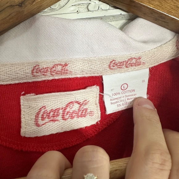 Vintage 1980's Retro Coca Cola Red & White Striped Rugby Long Sleeve Shirt Sz L - Picture 8 of 8